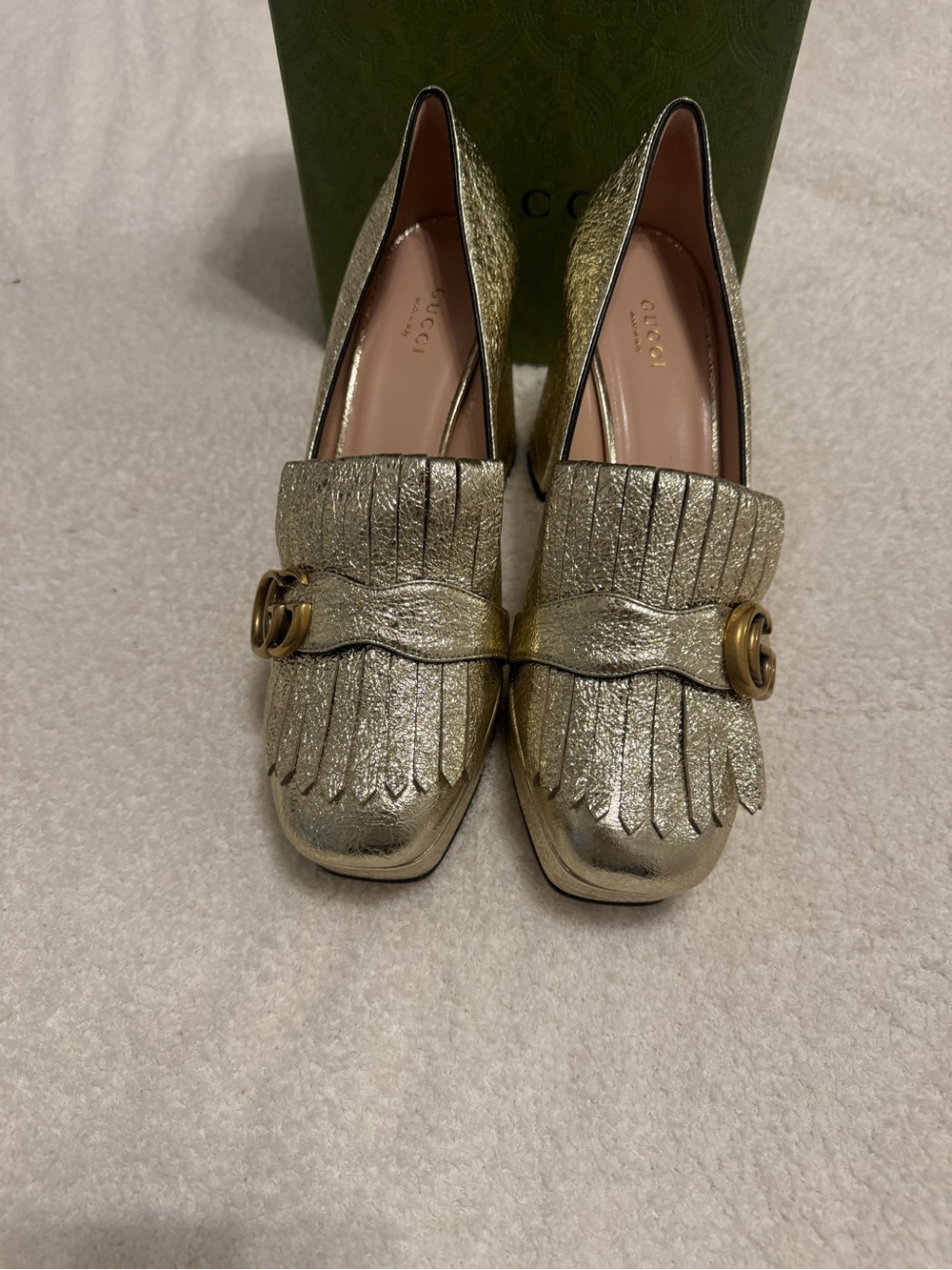 Gucci Metallic Gold Fringe Block Heel Loafers - Picture 5 of 10